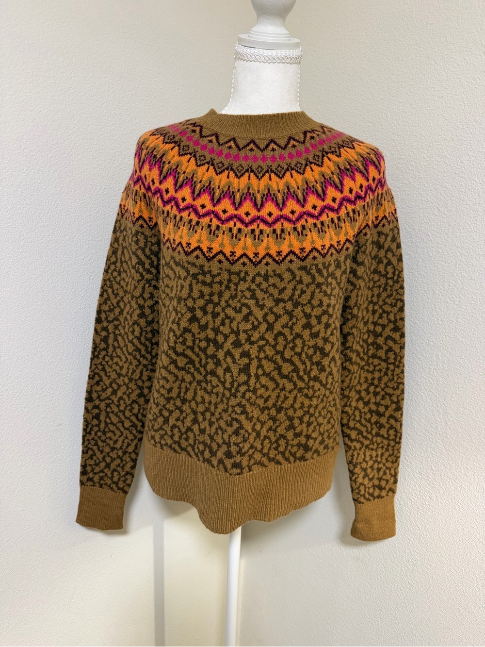 Brooks Brothers Brown Leopard 🐆 Crewneck Sweater Pink Orange Fair Isle Yoke
